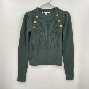 Veronica Beard Dark Green Ribbed Knit Sweater Gold Button Puff‎ Sleeve XS